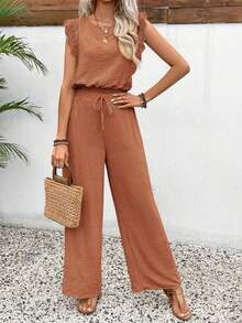 Conjunto de 2 piezas de blusa con ribete de encaje de unicolor y pantalones de pierna ancha para mujer, casual para vacaciones y viajes, primavera/verano - Naranja Coral - Ver 3