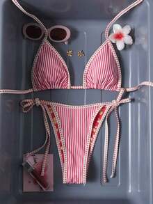 Conjunto de bikini de 2 piezas con estampado floral diminuto y escote halter para vacaciones y playa - Rojo - Ver 3