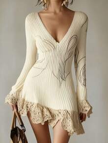 Women's 2026 Spring/Summer Long Sleeved Knitted V-Neck Short Skirt Sweater Dress - Màu be - Xem 2