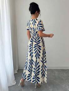 Vestido con mangas abullonadas, cintura anudable y bajo ajustable con abertura, hecho de gasa francesa, elegante, apropiado para vacaciones, fiestas de té de la tarde o playa - Azul y blanco - Ver 2