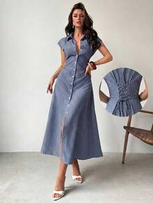 MEXFirerie Vestido midi de línea A con mangas abullonadas a rayas azules y blancas, vestido camisa con cintura anudada, vestido casual con cuello, falda midi a rayas con cintura ceñida, adecuado para primavera, verano, otoño, elegante, commuter, cita, trabajo, vuelta al colegio, día del maestro, ocasiones formales, vestido commuter de negocios, vestido minimalistaMEX KVPV - Azul marino - Ver 10