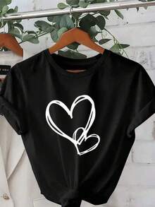 Plus Size - Plus Size - White Day, Exquisite Heart Design, Elegant Short Sleeve T-Shirt With Printed Round Neck, Plus Size Women's Clothing, Women's Clothing - 黑色 - 查看 1