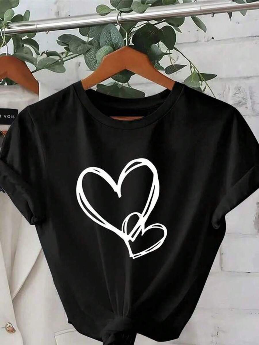 Plus Size - Plus Size - White Day, Exquisite Heart Design, Elegant Short Sleeve T-Shirt With Printed Round Neck, Plus Size Women's Clothing, Women's Clothing - 黑色 - 查看 1