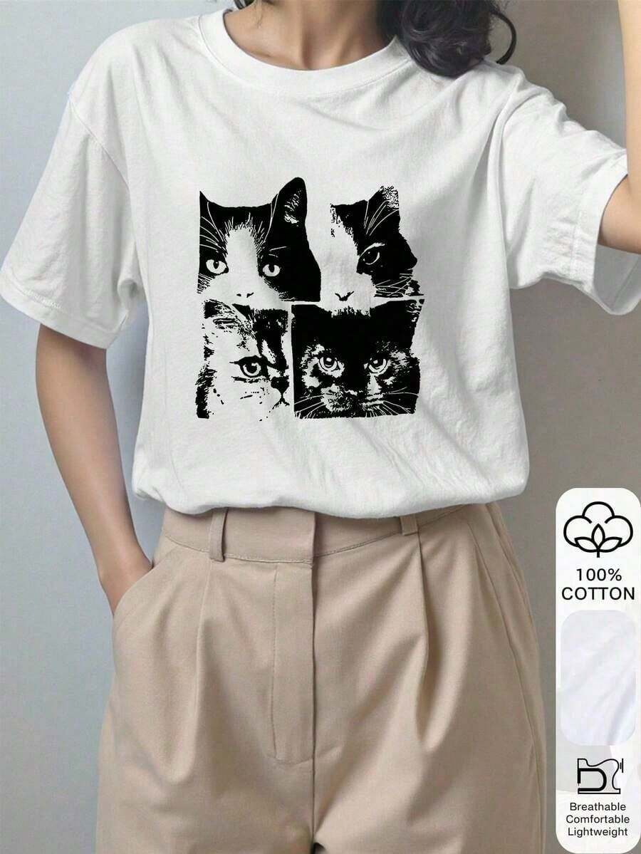 Blusa de verano de estilo vintage con estampado de gato, 100% algodón, de manga corta, camiseta gráfica, tela suave, ropa de algodón, top para exteriores, estampado, camiseta de verano, camiseta de mujer, blusa de verano, atuendo de vacaciones, estilo de viaje, ambiente de playa, ropa de resort minimalista en blanco - Blanco - Ver 1
