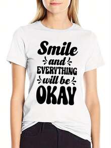 Camiseta de mujer, estilo bohemio de manga corta - Camiseta blanca de cuello redondo con una llamativa carita sonriente y estampado artístico de "todo estará bien", top con patrón geométrico casual, adecuada para todas las estaciones, cómoda para el uso diario. |   Camisa de corte casual, camiseta de mujer - Blanco - Ver 2