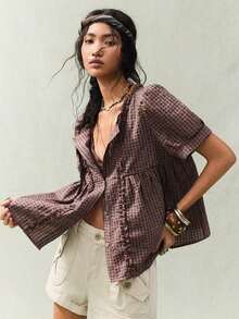 Camisa casual retro a cuadros con cuello redondo, volantes fruncidos y mangas con volantes para mujer - Rojo - Ver 8