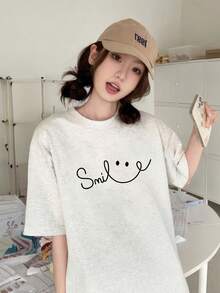 Women's Casual Loose Smile Minimalist Cute Short Sleeve T-Shirt, Breathable, Comfortable And Cooling For Summer - Light Gray - View 2