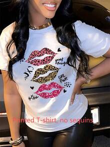 Camiseta Casual de Manga Corta con Cuello Redondo y Estampado de Labios de Leopardo para Mujer - Blanco - Ver 1