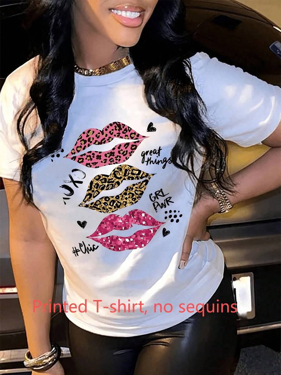 Camiseta Casual de Manga Corta con Cuello Redondo y Estampado de Labios de Leopardo para Mujer - Blanco - Ver 1