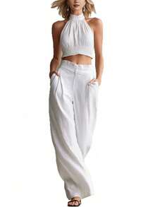 Conjunto de 2 piezas nuevo de moda para mujer, estilo casual, top halter de cuello redondo y espalda descubierta, pantalón largo, perfecto para vacaciones, playa y looks de verano - Blanco - Ver 2