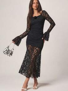 Vestido ajustado de encaje manga larga estilo sensual - Negro - Ver 2