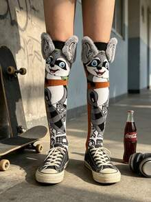 1 Pair Kids Knee-High Cartoon Raccoon Ear Socks, Soft Breathable Everyday/Party/Holiday Gift Socks - Light Grey - View 10