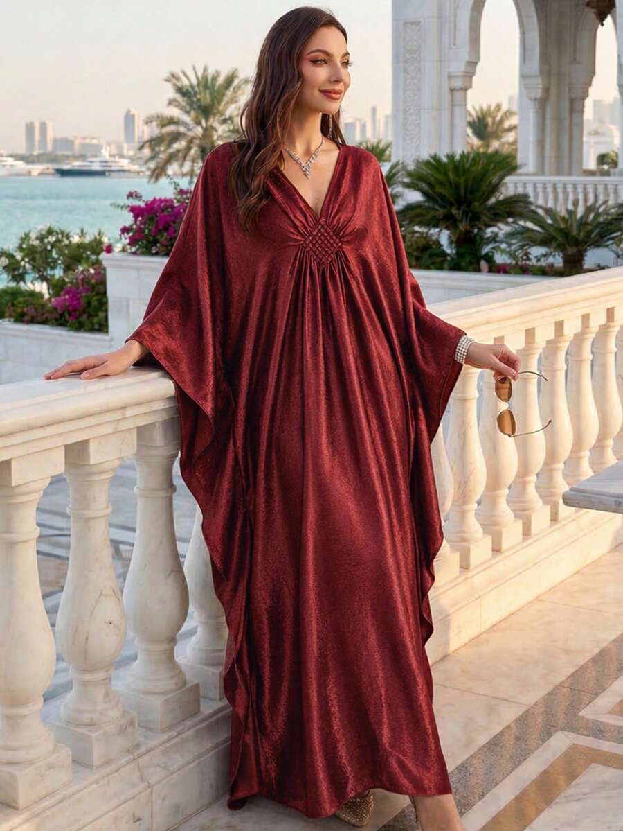 優雅女款金色緞面蝙蝠袖卡夫坦洋裝,休閒居家服紅色 - 紅色 - 查看 1