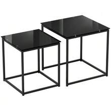 Set Of 2 Side Tables, Coffee Table Set With Glass Top, Black Steel Square Sofa Table For Living Room. - Black - View 1