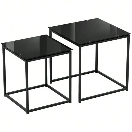 Set Of 2 Side Tables, Coffee Table Set With Glass Top, Black Steel Square Sofa Table For Living Room. - Black - View 1