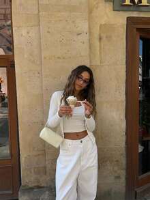 Round Neck Ribbed Button Short Length Lightweight Knit Cardigan - White - View 4