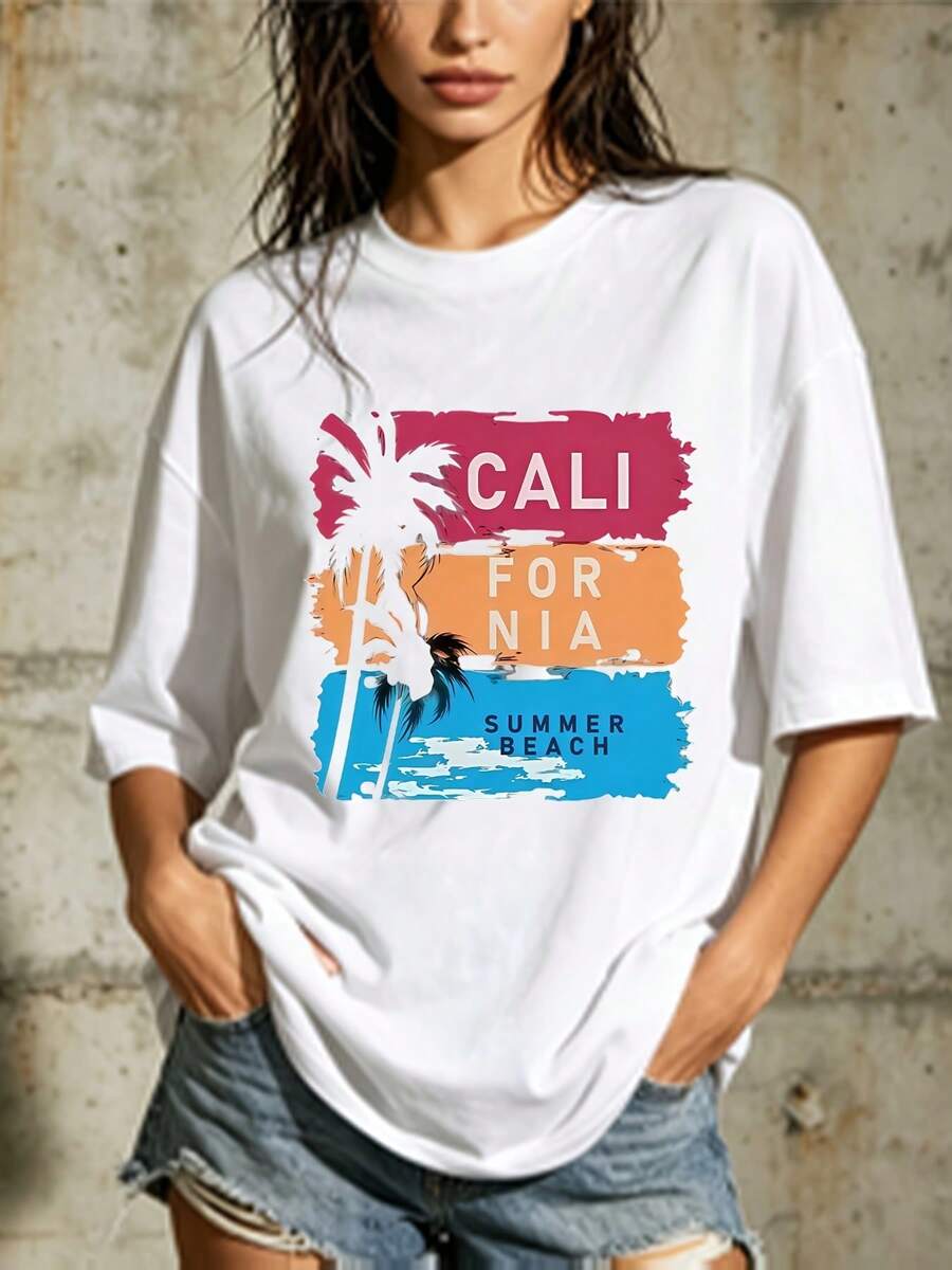 Camiseta de Verano para Mujer Estilo Playa de California 180g - Perfecta para vacaciones en familia, picnics de empresa y celebraciones del Día de la Independencia del 4 de julio - Ropa de playa de verano cómoda y elegante. BSIJ - Blanco - Ver 1