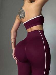 Easithlete 女款灰色無縫白色條紋運動套裝，短版上衣與緊身褲 2 件式健身套裝 灰色 - 酒紅色 - 查看 9