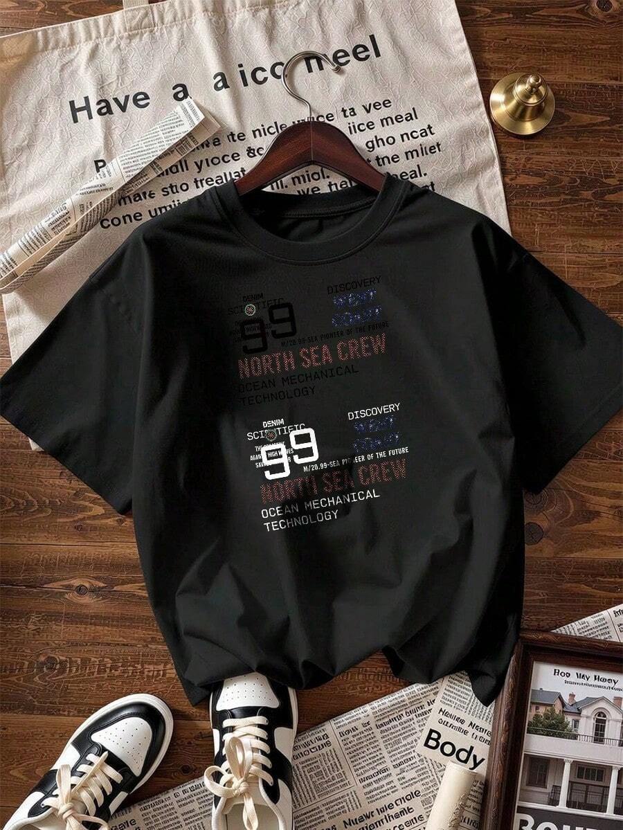 Camiseta de Manga Corta con Estampado de Letras Superpuestas,Camiseta de manga corta de moda para primavera y verano de 2026, hecha en México, 180 gramos. Estampado de dibujos animados, modelo de pareja, apta para uso interior o exterior. Cuello redondo, unisex, ideal para oficina y ocio. Paquete de una pieza. - BK-P631577SLNDXZGY428 - Ver 1
