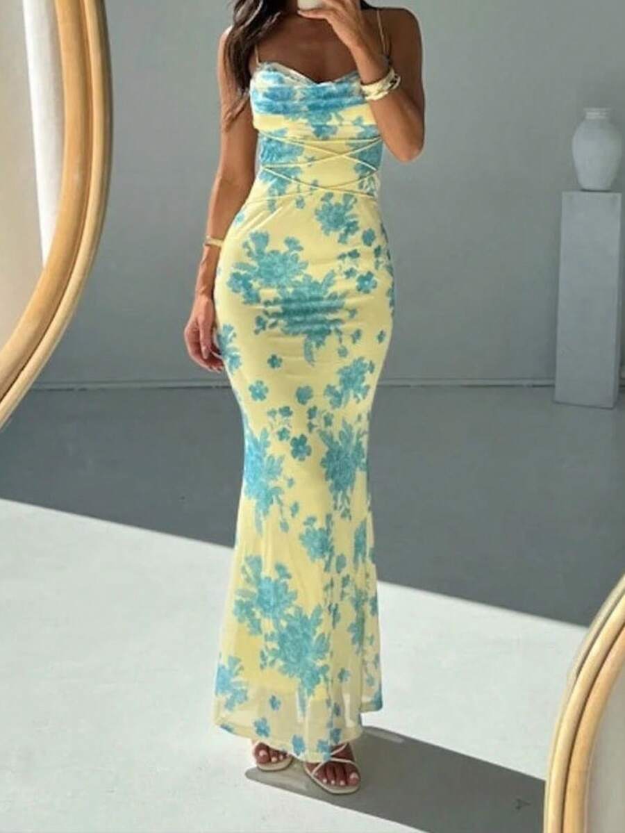 Vestido ajustado con estampado cuello bajo, estilo elegante primavera 2026 - Amarillo - Ver 1