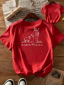 Simple And Versatile Design | 1 Women's T-Shirt, 100% Breathable Cotton | Short-Sleeved Women's T-Shirt With Religious Print - Jesus And The Shepherd's Lamb With The Phrase "He Left The 99 To Find Me" (Matthew 18:12-14), Crew Neck, Casual Style For Church, Casual Wear, And Religious Clothing - Ideal For Summer. Cotton T-Shirt - 紅色 - 查看 7