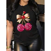 Women's T-Shirt With Sparkly Cherry Print And Rhinestone Patterned Bows - Casual Semi-Sheer Summer Top With Round Neck And Short Sleeves, Suitable For Everyday Wear In Spring And Autumn And For Holidays - [Negro] - View 1