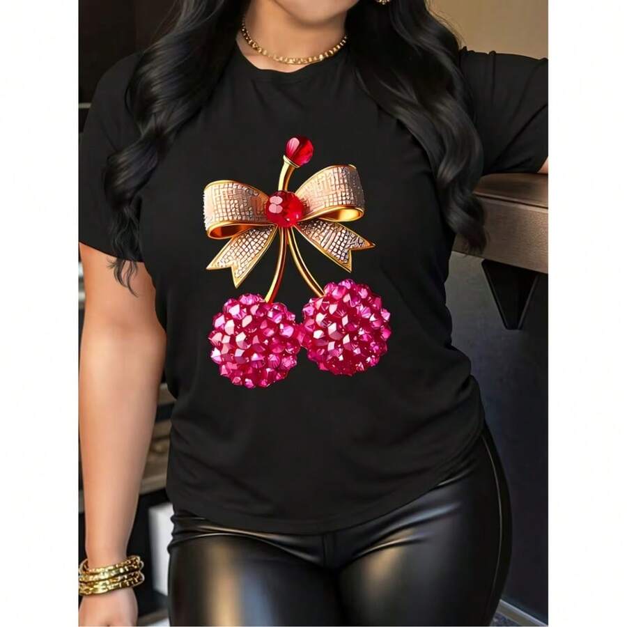 Women's T-Shirt With Sparkly Cherry Print And Rhinestone Patterned Bows - Casual Semi-Sheer Summer Top With Round Neck And Short Sleeves, Suitable For Everyday Wear In Spring And Autumn And For Holidays - [Negro] - View 1