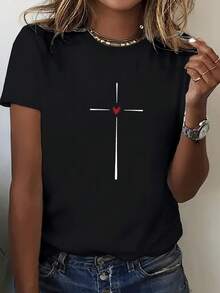 Women's Black T-Shirt With White Cross And Red Heart Design - Soft And Stretchy Short Sleeves, Casual Sports Top, Round Neck, Comfortable Fit For All Seasons, Casual Round Neck Sports T-Shirt, Medium Elasticity, Women's Clothing - 黑色 - 查看 1
