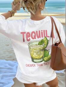 Camiseta de mujer de verano de ajuste holgado con cuello redondo y manga corta, con estampado de eslogan simple, estilo casual de vacaciones. Blanca.,Playera Gráfica Oversized Mujer Verano Casual - Blanco - Ver 1