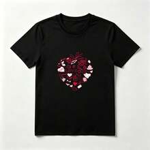 Red Heart Romantic Black Cotton T-Shirt With Drawings - Black - View 1