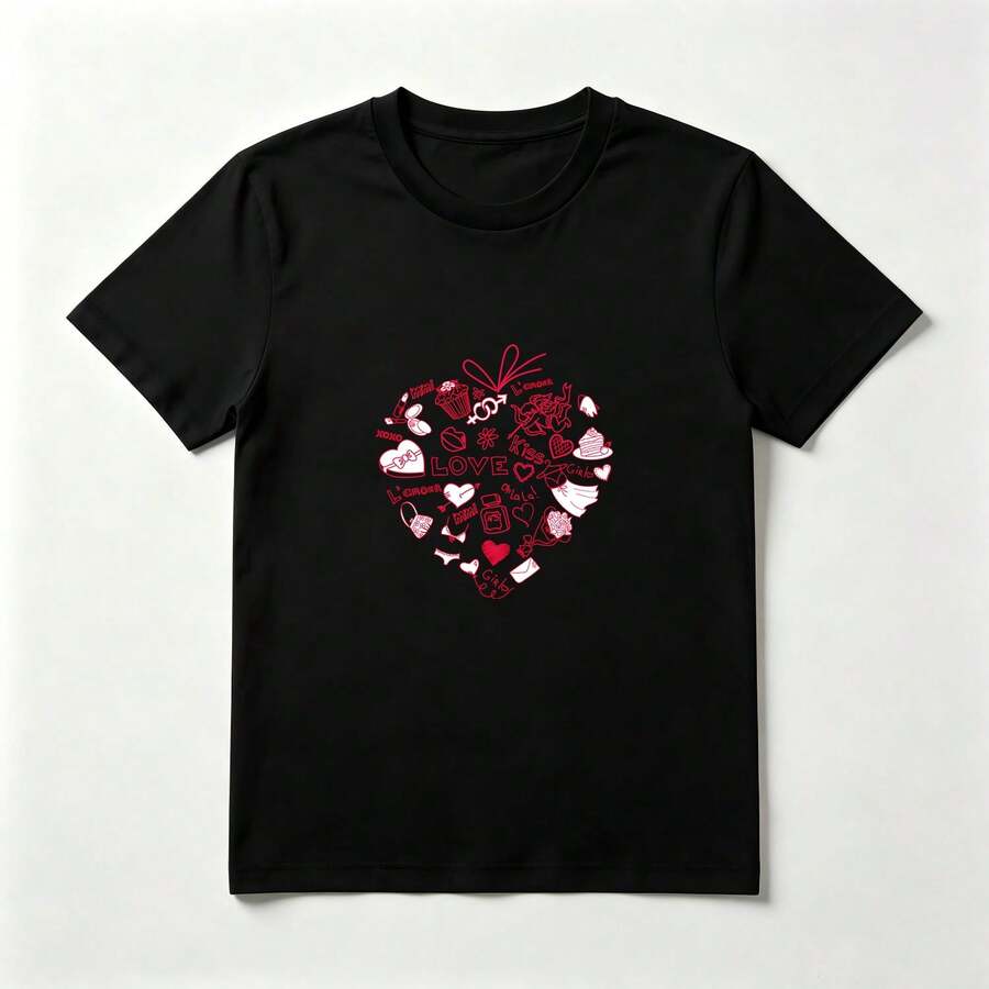 Red Heart Romantic Black Cotton T-Shirt With Drawings - Black - View 1