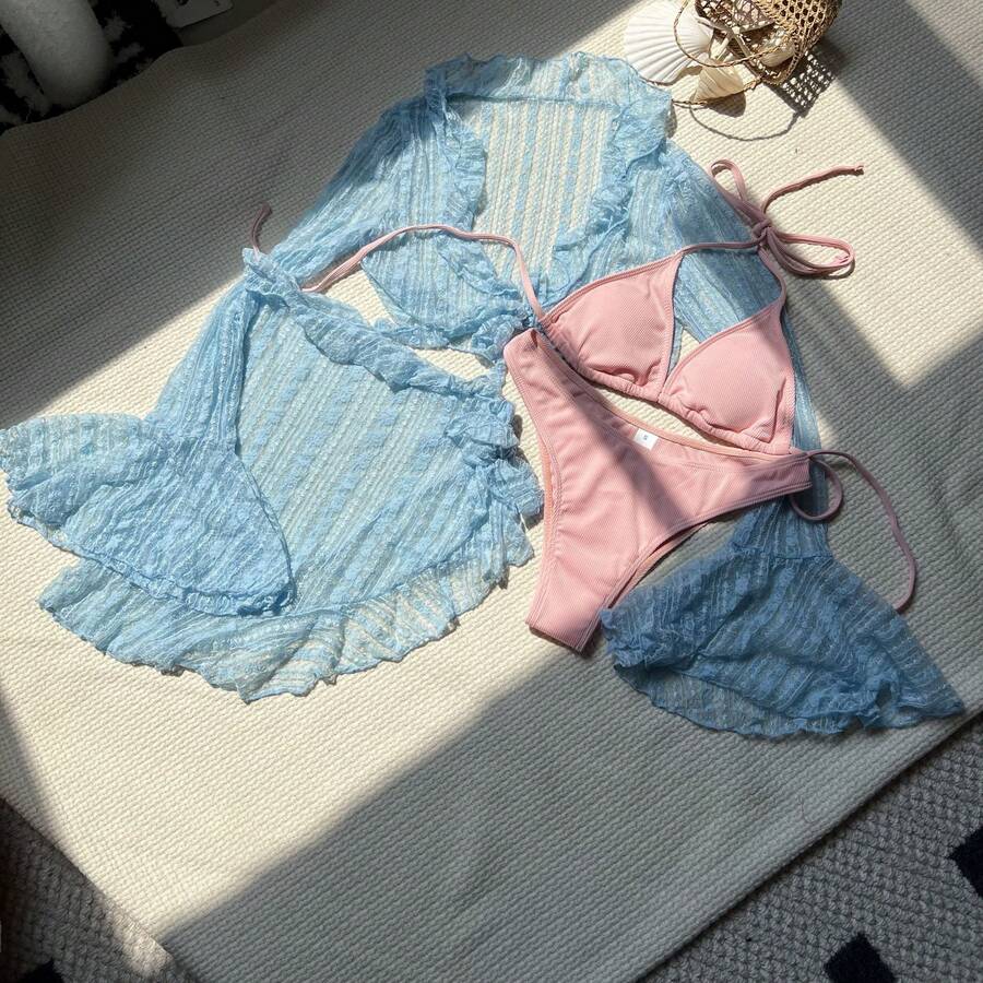Nuevo bikini sexy de encaje y malla de cuatro piezas. - azul cielo - Ver 1