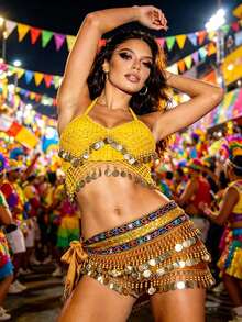 Carnival Festival Coin-Embellished Halter Crop Top With Multi-Layer Coin Hip Wrap For Parade, Rave & Themed Party (Available In Multiple Colors) - Multicolor - View 16