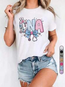 Women's Casual Short Sleeve Sports T-Shirt, Round Neck, CNA, Nurse Profession Themed, Stylish Everyday Wear In The Healthcare Sector, Casual Work Outfit, A Thoughtful Gift For Nurses Day, Show Of Appreciation To Nurses, Comfortable T-Shirt For All Seasons. - 白色 - 查看 7