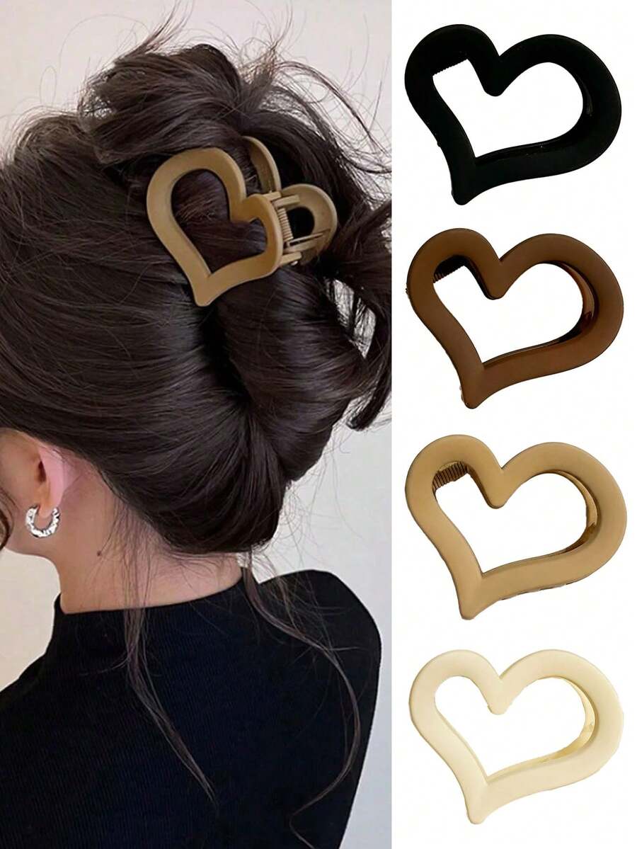 4 buc/1 buc agrafe de păr ușoare în formă de inimă, negre, albe, maro, kaki, pentru fete, agrafe de păr elegante, versatile, în culori solide, potrivite pentru zi cu zi, casual, petrecere, serviciu, vacanță, spălarea feței, machiaj, asortarea ținutelor, accesorii de păr, agrafe elegante cu gheare, ținute de vară - Multicolor - Vizualizare 1