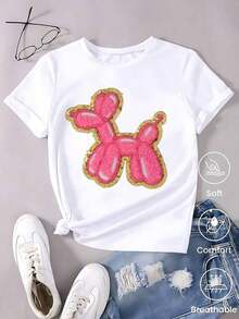 PremiumPlayera Negra de Mujer con Perro de Globo Rosa Brillante, Camiseta Aesthetic de Pop Art con Estampado de Animal, Top Moderno de Verano, Blusa Casual Divertida de Moda Eco-Friendly - Blanco - Ver 8