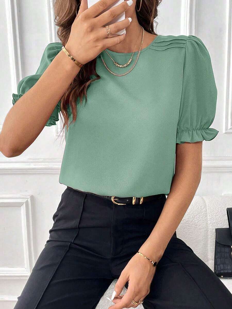 Blusa con mangas abullonadas, blusas de manga corta - verde menta - Ver 1