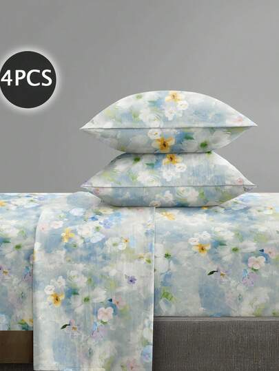 4Pcs/Set Garden Peach Blossom Flower Pattern Sheet Set Bedding Set, 1pc Fitted Sheet & 1pc Flat Sheet& 2pcs Pillowcase Bedding Mattress Protector Set (Not Including Pillow Core)Luxury Fitted Sheet Set King Queen Full TWIN SIZE Sheet Deep Pocket Up To 11.8 Inch Pillowcase, Soft Breathable Wrinkle-Free Better For Sleep, Luxury Hotel Style, Gift For Mom Dad Friend