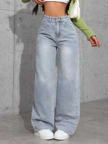 Jeans de pierna ancha de unicolor, versátiles y casuales con bolsillos para mujer - Gris 3 - Ver 2