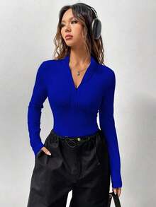 de manga larga de unicolor casual para mujer - azul real - Ver 6