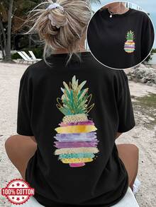 Fashionable And Personalized Y2K Women's T-Shirt, 180g Pure Cotton, Loose-Fitting Short-Sleeved Top, Urban Style Elegance, Casual And Breathable For Everyday Wear, Creative Summer Print, Outdoor Sports Gift, Bohemian Style, Pineapple, Leaves, Gold Thread. - 白色 - 查看 9