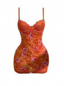 Vestido Casual Encaje Sensual Nuevo, Cintura Marcada Estampado Retro Espalda Descubierta - Naranja - Ver 2