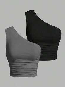 Blusa de un hombro de punto en tonos negro y beis para mujer - Gris - Ver 1