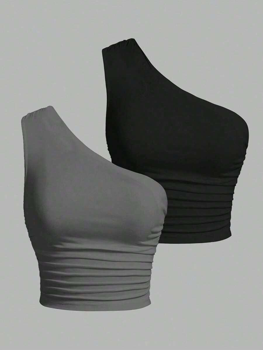 Blusa de un hombro de punto en tonos negro y beis para mujer - Gris - Ver 1