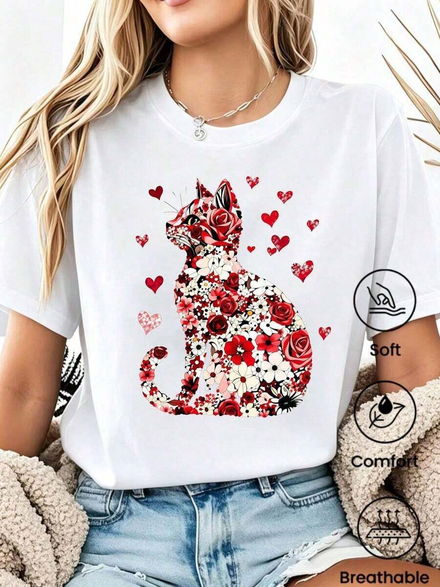 180g Made In Mexico, Spring/Summer 2026 Fashion Short Sleeve T-Shirt, Cartoon Print, Couple Style, Underwear/Outerwear, Casual Round Neck For Office, Unisex One Piece Top - 白色的 - 查看 1