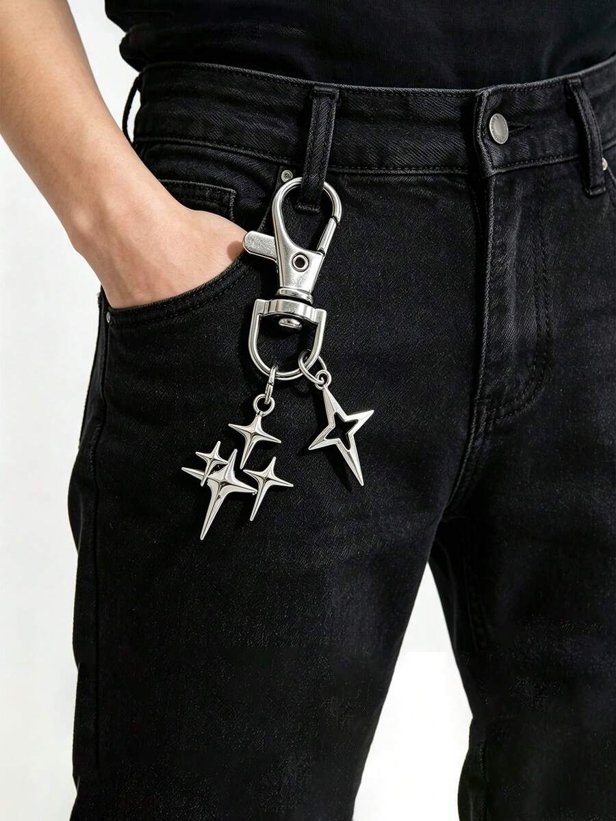 1pc Creative Four-Pointed Star Pants Chain, Keychain Pendant, Alloy Star Moon Decor For Phone, Bag, Suitable For Daily Wear - Silver - View 1