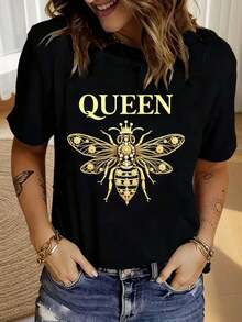 Women's Queen Graphic T-Shirt - Casual Black Short Sleeve Crew Neck T-Shirt With Golden Bee Design, Perfect For Spring And Summer, Everyday Wear T-Shirt | Crown Design T-Shirt | Short Sleeve T-Shirt - 黑色 - 查看 7