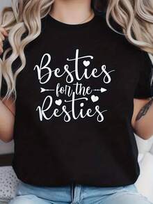 1 Women's Casual T-Shirt For Friends - 100% Casual Short Sleeve Crew Neck T-Shirt With Hand-Lettered Prints And Hearts, Breathable, Suitable For Casual Wear, Spring And Summer Clothes, A Creative Gift Idea For Friends, Comfortable Fit For All Seasons, 180g 100% Cotton. - 黑色 - 查看 1