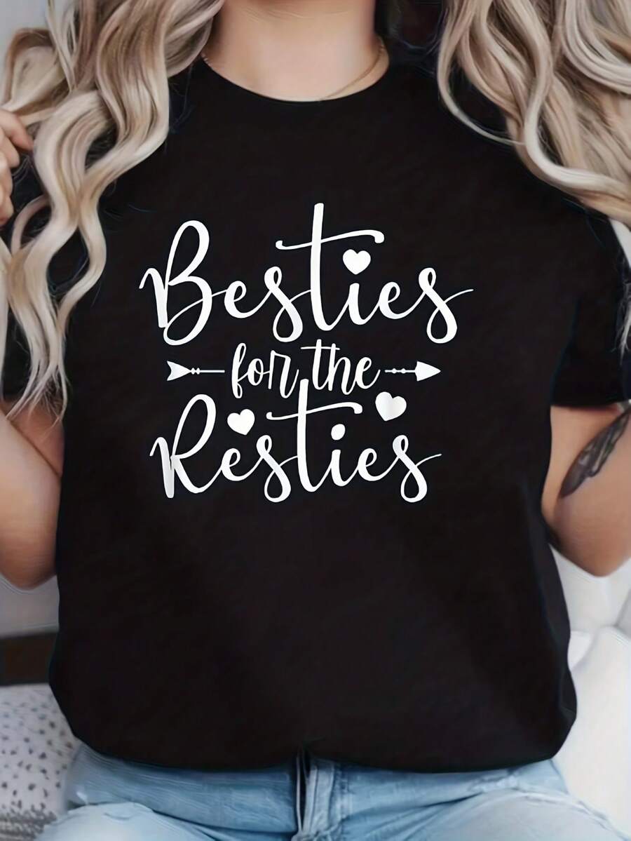 1 Women's Casual T-Shirt For Friends - 100% Casual Short Sleeve Crew Neck T-Shirt With Hand-Lettered Prints And Hearts, Breathable, Suitable For Casual Wear, Spring And Summer Clothes, A Creative Gift Idea For Friends, Comfortable Fit For All Seasons, 180g 100% Cotton. - 黑色 - 查看 1