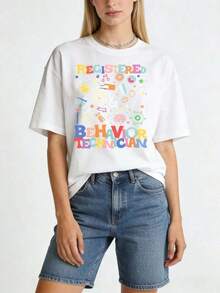 1 Piece Of Women's T-Shirt With Professional RBT Typographic Print, Casual Loose Fit, Short Sleeve, Round Neck, Medium Elasticity, Machine Washable, Unique Design, Fashionable T-Shirt For Spring And Summer, 180g 100% Cotton. - 白色 - 查看 12